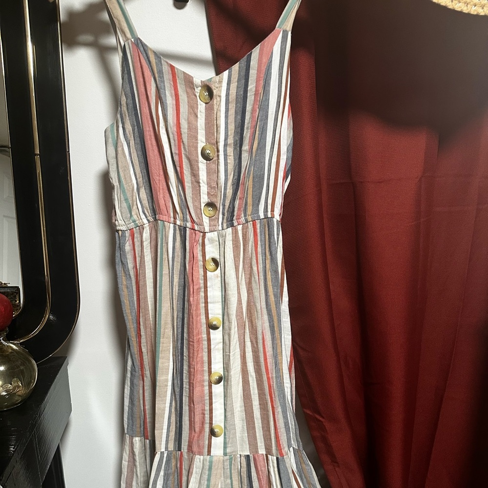 Striped long dress length is about calf size.